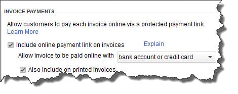 QuickBooks Payments-Preferences-Include an Online Payments Link on Invoices