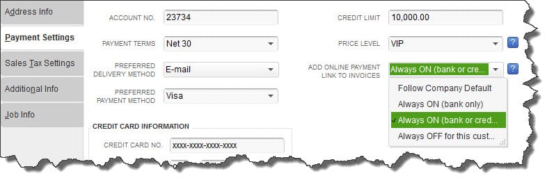 QuickBooks Payments-Customer Payment Settings can be set for Invoice links