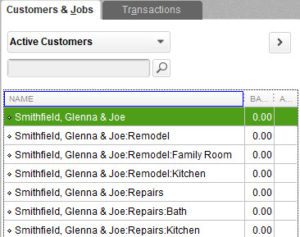 Flat view of Customer:Jobs in QuickBooks