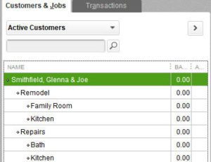 Hierarchical view of Customer:Jobs in QuickBooks