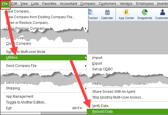 Menu selection to rebuild QuickBooks data file